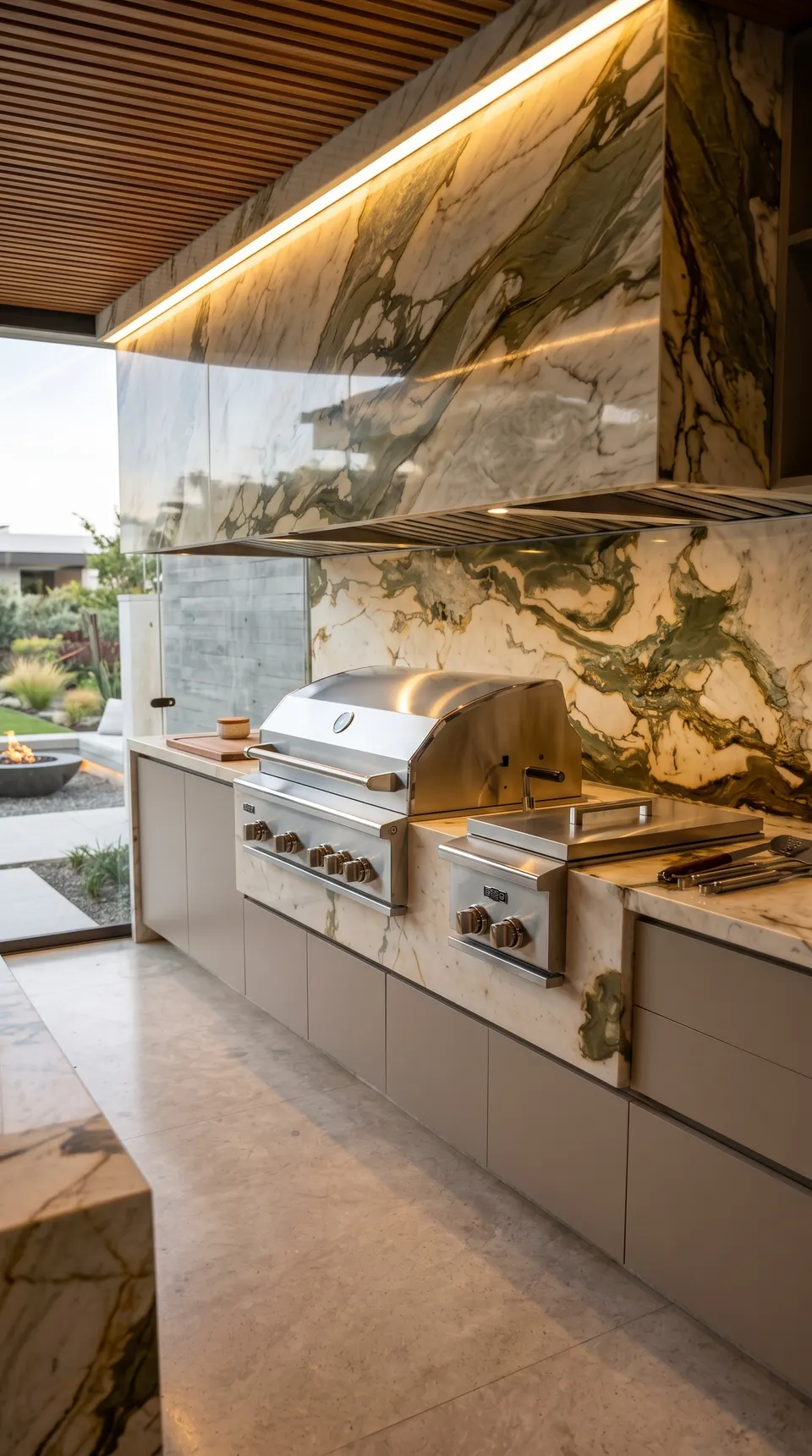 Churrasqueira de área gourmet em mármore branco com veios verdes e dourados, com bancada, painel de fundo e coifa revestidos na mesma chapa — Mármore Branco Paraná Calacatta Gold