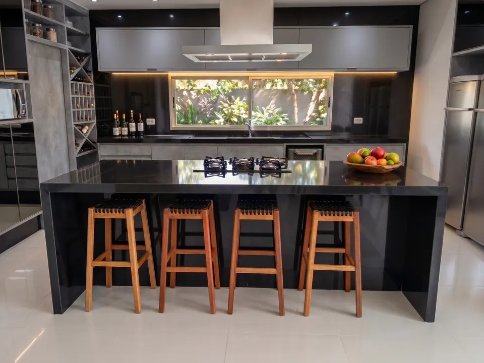 Ilha de cozinha em granito preto absoluto com cooktop embutido, tampo e pés em peça única e bancada de apoio ao fundo